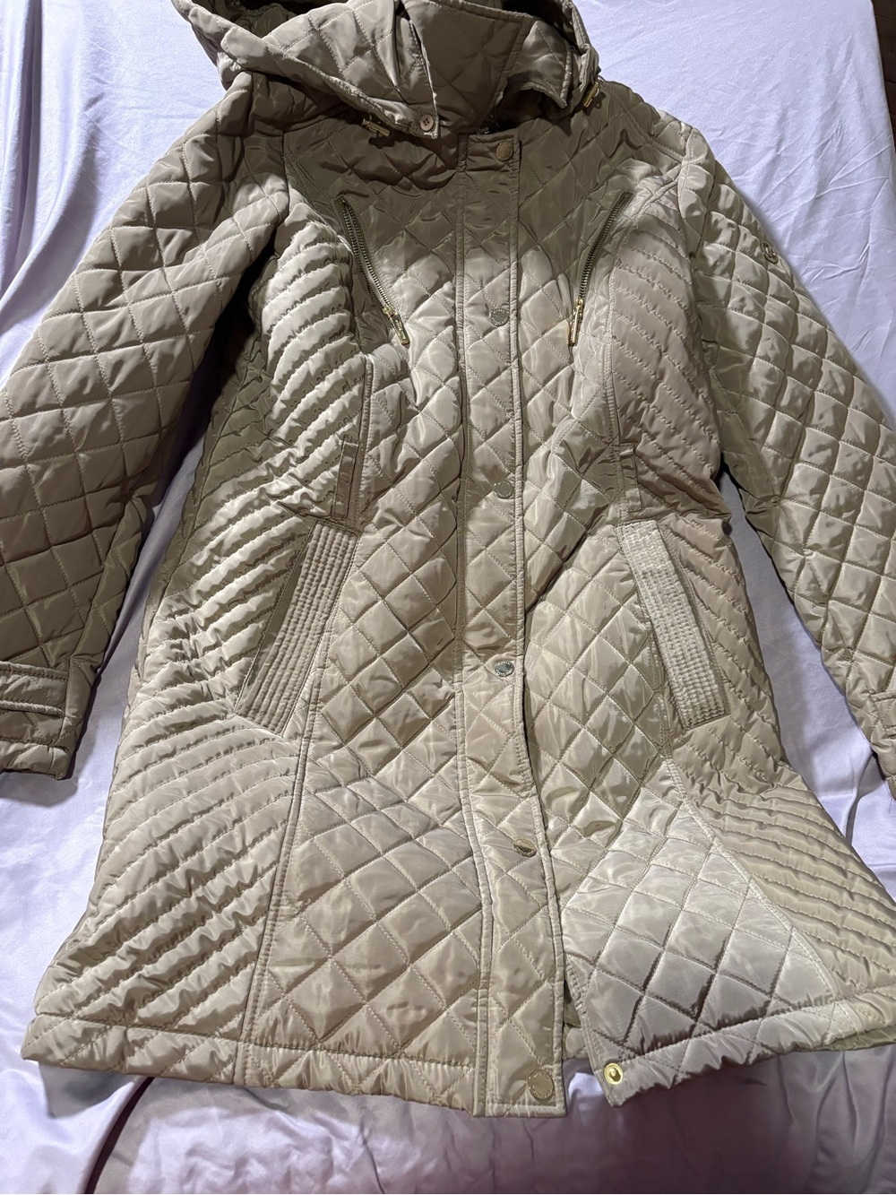 Michael Kors Quilted Hooded Puffer Coat in Beige